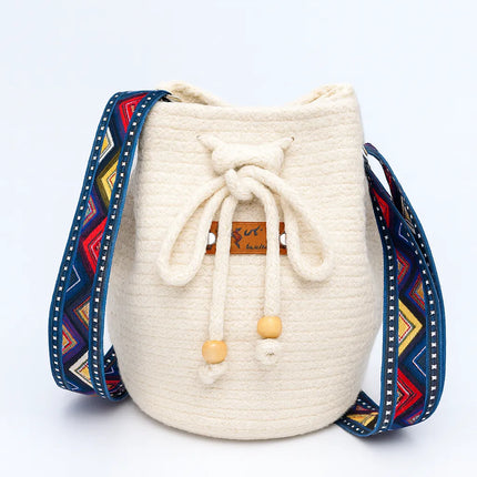 El Yapımı Örme Kova Çanta Renkli Etnik Askılı Büzgülü Kapanışlı Omuz Çantası