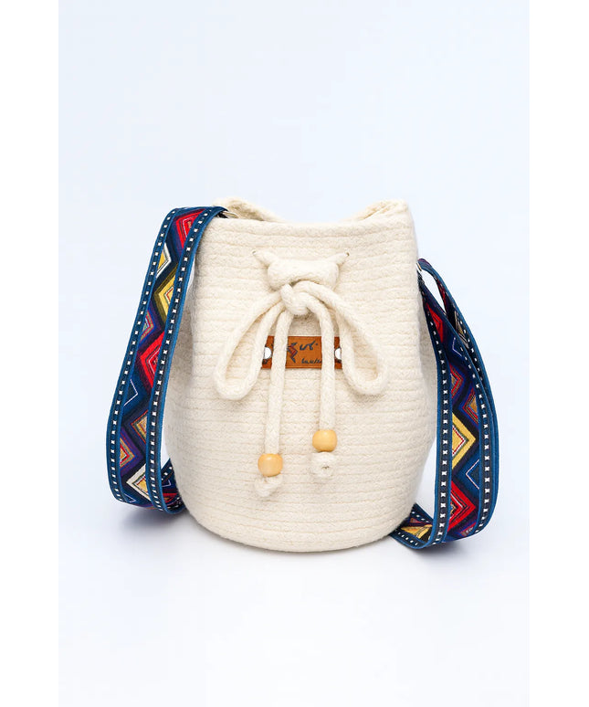 El Yapımı Örme Kova Çanta Renkli Etnik Askılı Büzgülü Kapanışlı Omuz Çantası