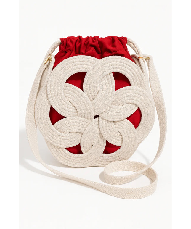 El Yapımı Düğümlü Örgü Detaylı Çanta Kırmızı Astarlı Omuz Çantası
