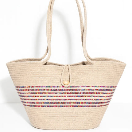 El Yapımı Renkli Şeritli Plaj Çantası Geniş Hacimli Doğal Omuz Çantası