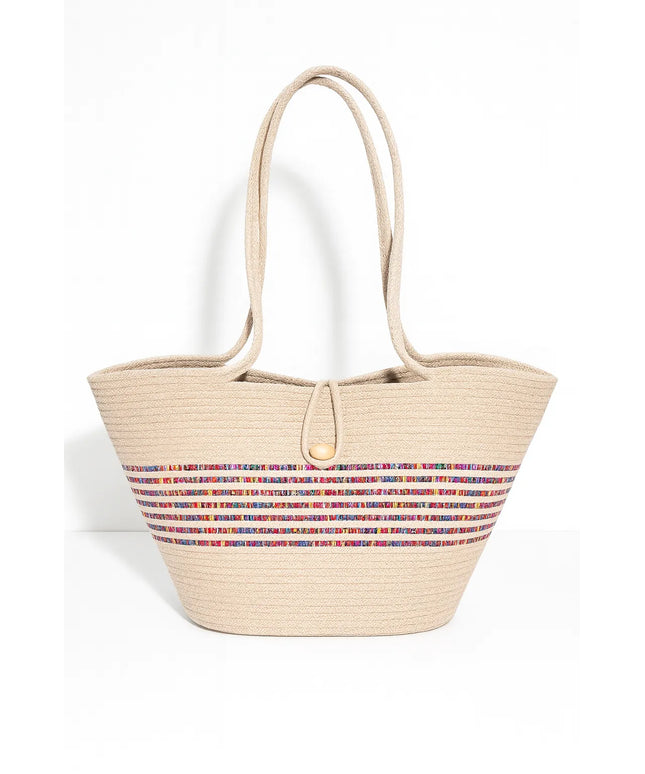 El Yapımı Renkli Şeritli Plaj Çantası Geniş Hacimli Doğal Omuz Çantası