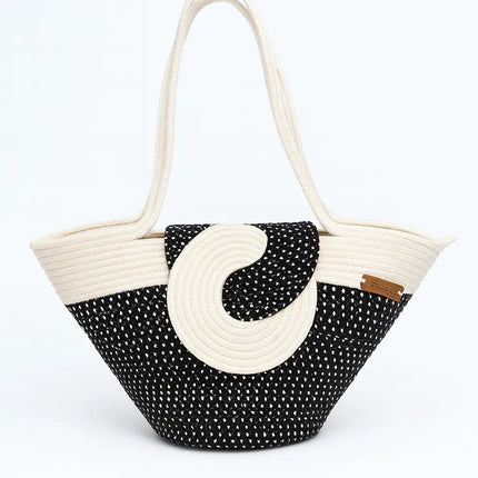 Siyah Krem Spiral Kapaklı Omuz Çantası El Yapımı Büyük Boy