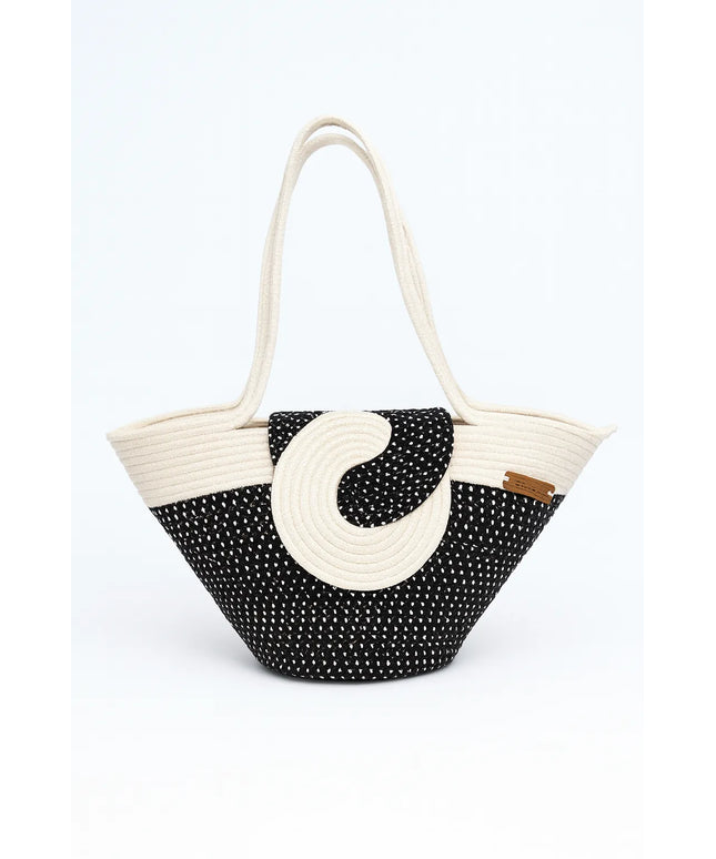 Siyah Krem Spiral Kapaklı Omuz Çantası El Yapımı Büyük Boy