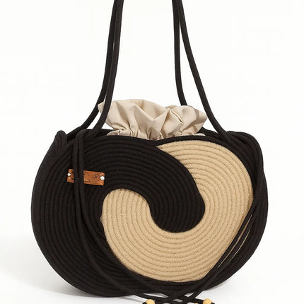 Siyah Hasır Sonsuzluk Omuz Çantası Torba Astarlı Büyük Boy
