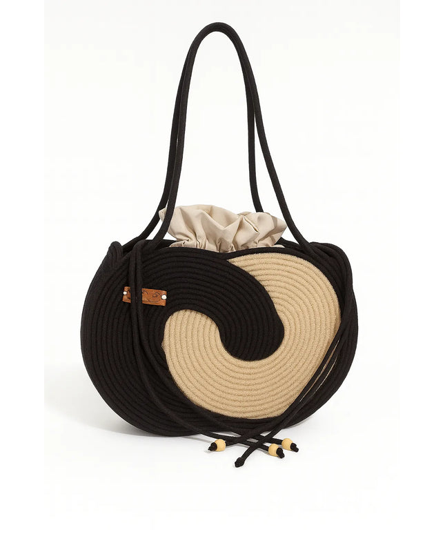 Siyah Hasır Sonsuzluk Omuz Çantası Torba Astarlı Büyük Boy