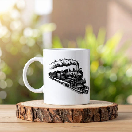 Kara Tren Resimli Baskılı Beyaz Kupa Bardak