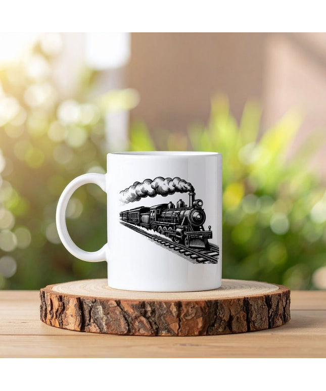 Kara Tren Resimli Baskılı Beyaz Kupa Bardak