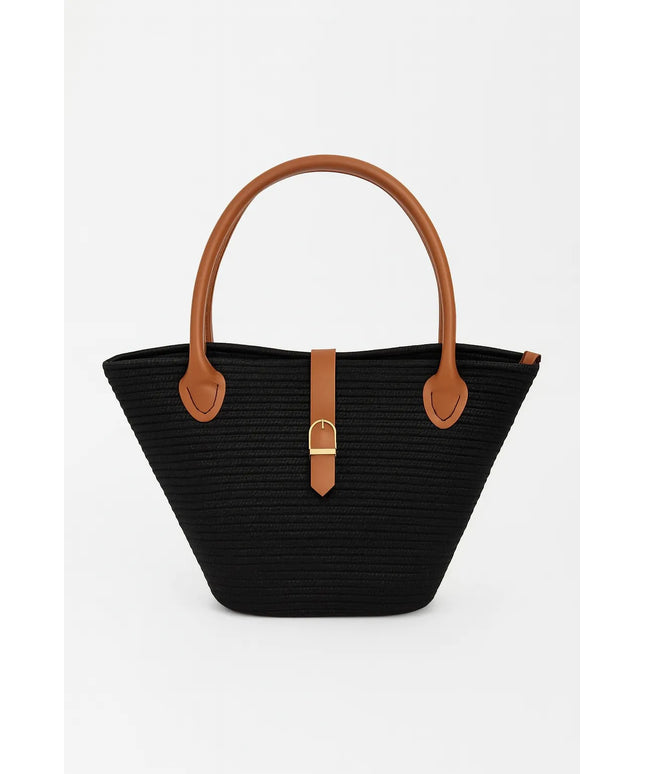 El Yapımı Siyah Tres Kordon El Çantası Deri Saplı Şık Kadın Çantası