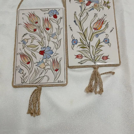 Çiçek Desenli Seramik Duvar Süsü İkili Çini Tablo Seti