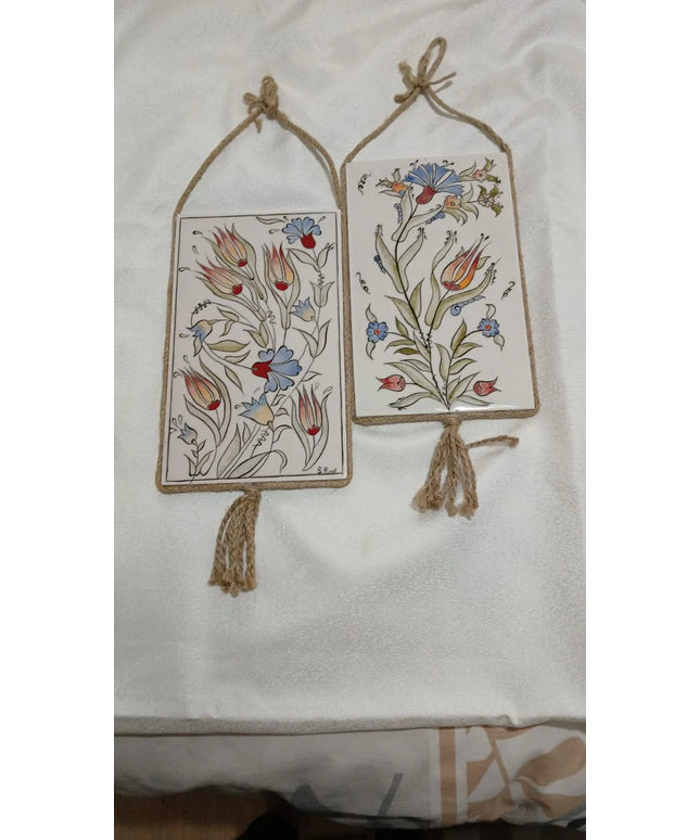 Çiçek Desenli Seramik Duvar Süsü İkili Çini Tablo Seti