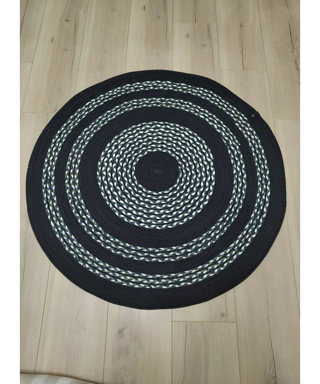 Siyah Sarmal Desenli Örgü Yuvarlak Paspas 90 cm El Yapımı