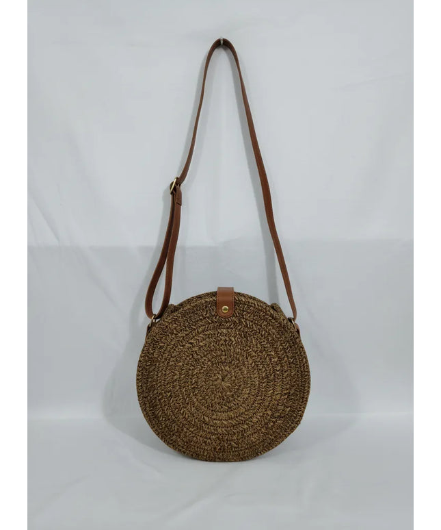 Taba Deri Askılı Yuvarlak Hasır Çanta Doğal Dokulu Omuz Çantası