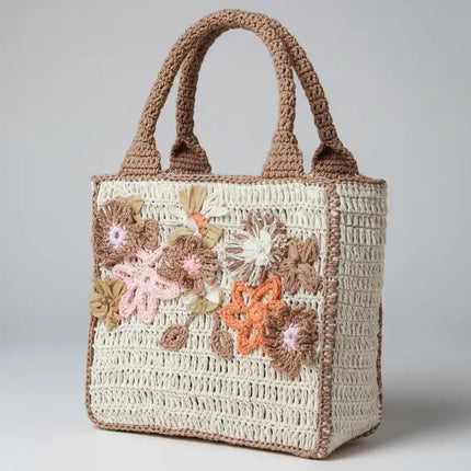 Bej Kağıt İpten Örme Çiçek Detaylı Kutu Çanta El Emeği