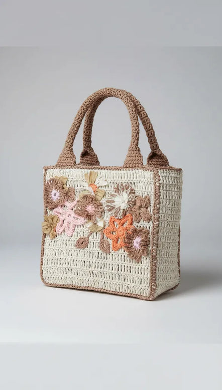 Bej Kağıt İpten Örme Çiçek Detaylı Kutu Çanta El Emeği