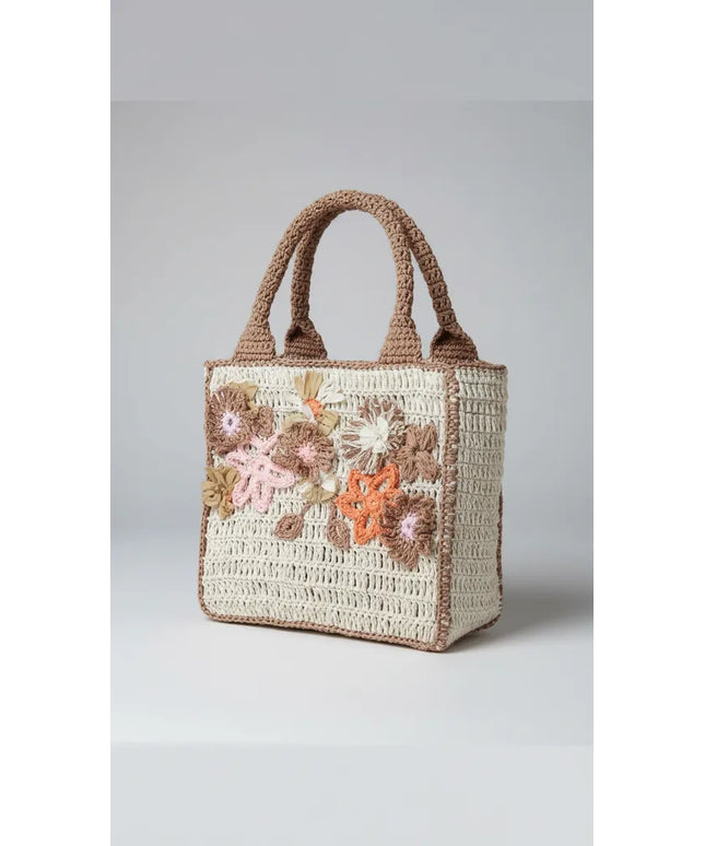 Bej Kağıt İpten Örme Çiçek Detaylı Kutu Çanta El Emeği