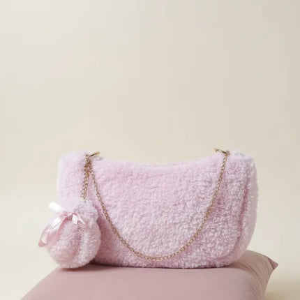 Pembe Kuzu Tüyü İpli Peluş Omuz Çantası Zincir Detaylı El Yapımı