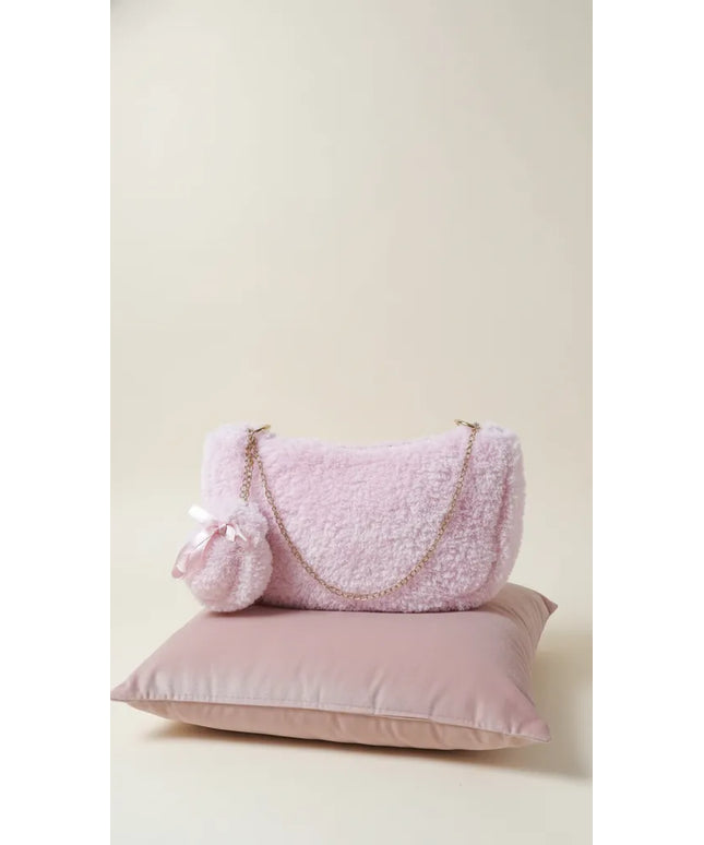 Pembe Kuzu Tüyü İpli Peluş Omuz Çantası Zincir Detaylı El Yapımı