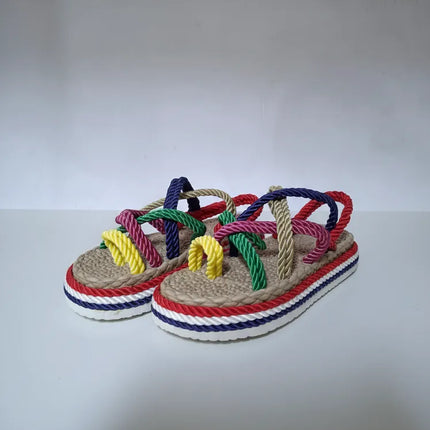 Renkli İp Detaylı Platform Terlik 36 Numara El Yapımı