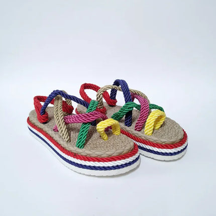 Renkli İpli Sandalet Terlik 37 Numara Halat Detaylı