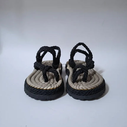 Siyah İpli Halat Terlik 36 Numara Bohem Tarzı El Yapımı