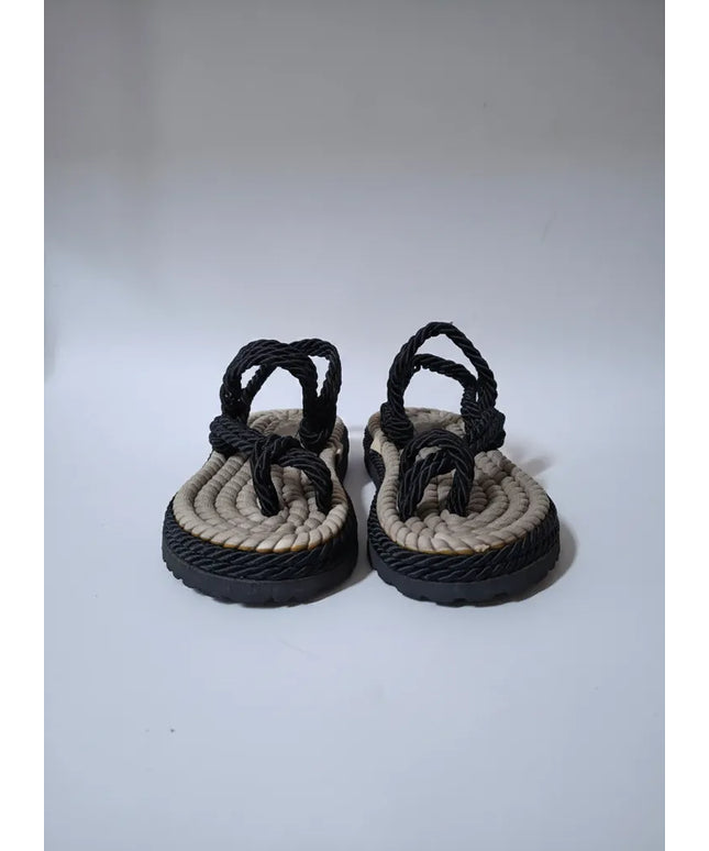 Siyah İpli Halat Terlik 36 Numara Bohem Tarzı El Yapımı