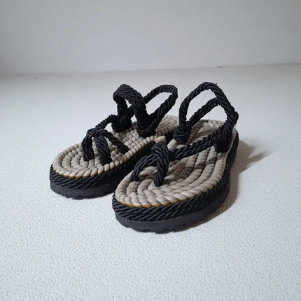 Siyah İpli Örgü Terlik Sandalet 37 Numara El Yapımı Halat Sandalet