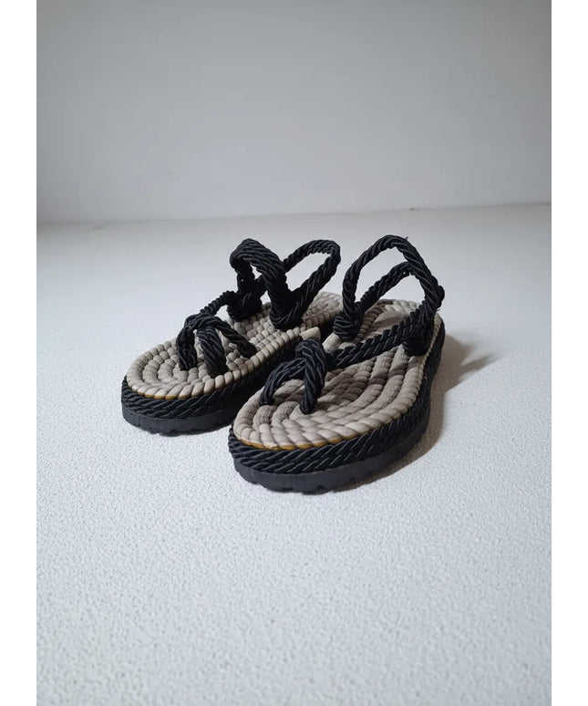 Siyah İpli Örgü Terlik Sandalet 37 Numara El Yapımı Halat Sandalet