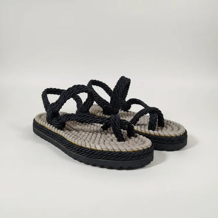 Siyah İpli Hasır Desenli Terlik 38 Numara El Yapımı