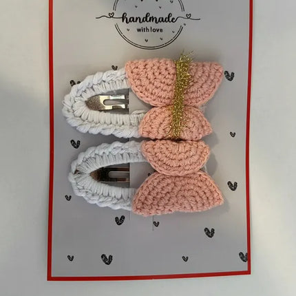 Örgü Bebek Saç Tokası Çıt Çıt Pembe ve Beyaz Renkli El Yapımı