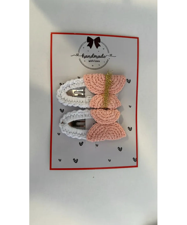 Örgü Bebek Saç Tokası Çıt Çıt Pembe ve Beyaz Renkli El Yapımı