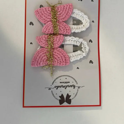 Pembe Örgü Kelebek Figürlü Saç Tokası Seti El Emeği