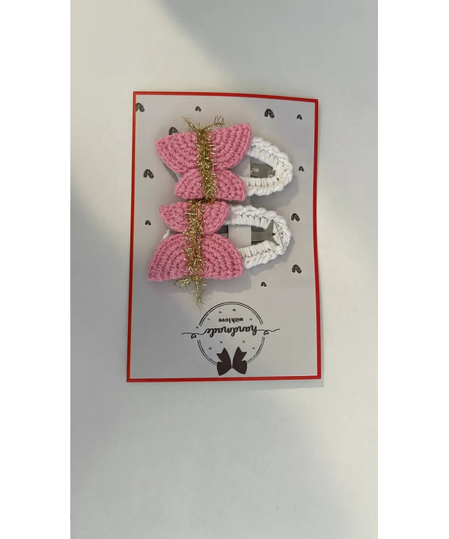 Pembe Örgü Kelebek Figürlü Saç Tokası Seti El Emeği