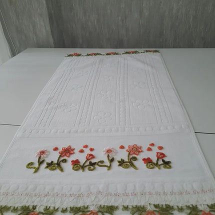 El İşlemesi Mekik Oyası Detaylı Beyaz Pamuklu Osmanlı Havlu Kenarı