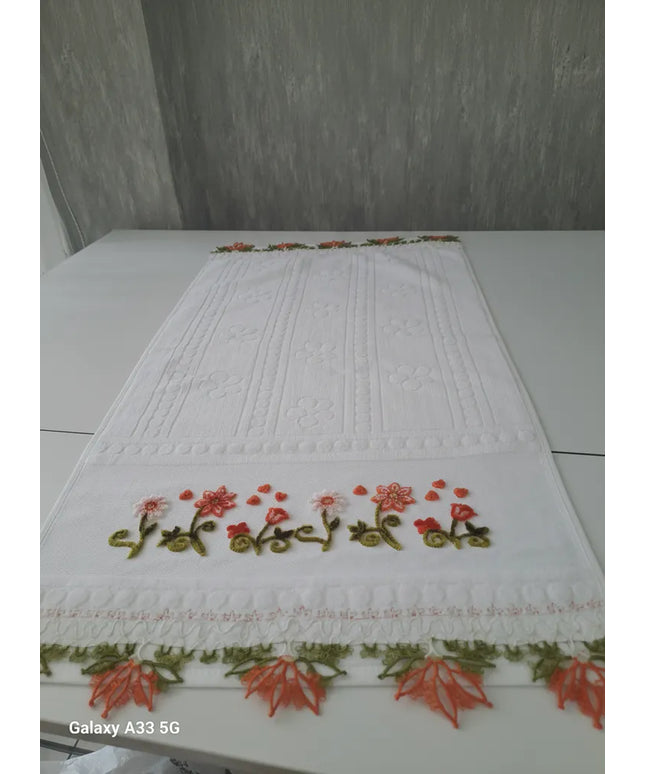 El İşlemesi Mekik Oyası Detaylı Beyaz Pamuklu Osmanlı Havlu Kenarı