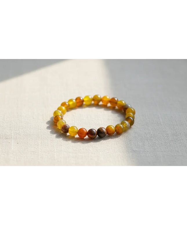 Sarı ve Kahverengi Tonlarında Yuvarlak Kesim Doğal Akik Taş Bileklik