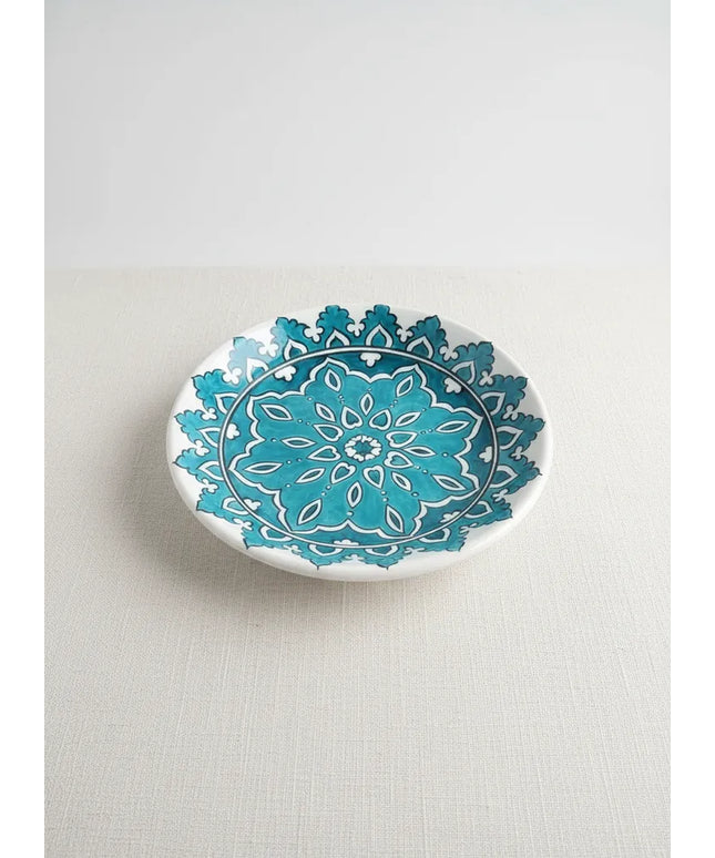 Turkuaz Mandala Desenli Seramik Pasta ve Tatlı Sunum Tabağı