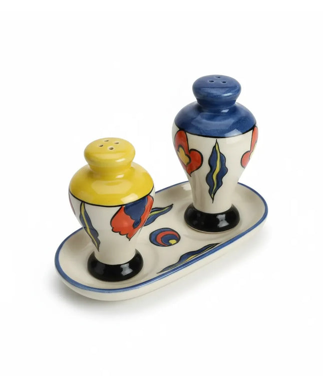 El Yapımı Çini Tuzluk Biberlik Seti Renkli Desenli İznik Çintemani