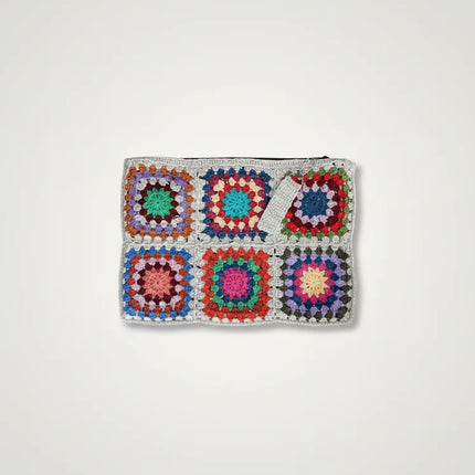 Motifli Örgü El Çantası Renkli Kare Desenli El Yapımı