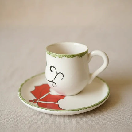 Kokinalı Desenli Seramik Kahve Fincanı ve Tabağı Seti Çini El Sanatı