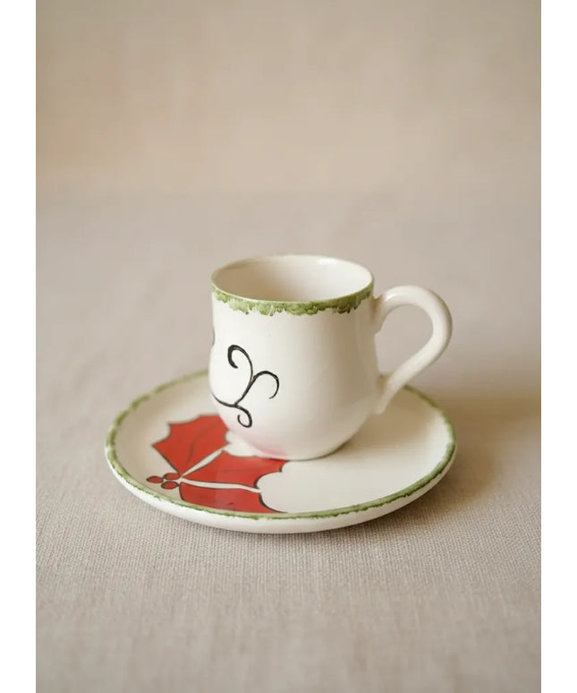 Kokinalı Desenli Seramik Kahve Fincanı ve Tabağı Seti Çini El Sanatı