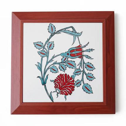 Ahşap Çerçeveli Goncagül Desenli El Yapımı Çini Tablo (27x27 cm)