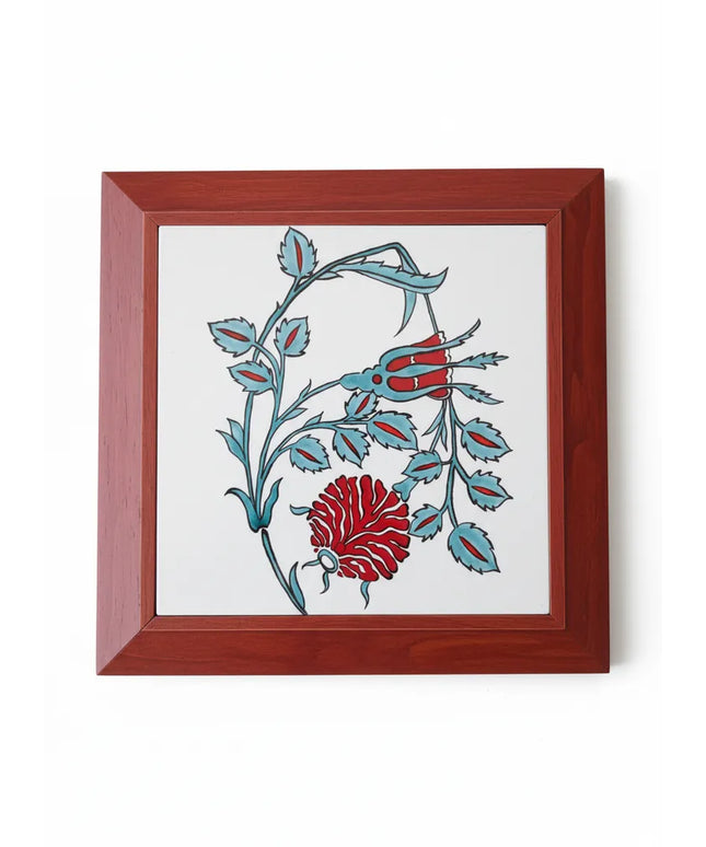 Ahşap Çerçeveli Goncagül Desenli El Yapımı Çini Tablo (27x27 cm)