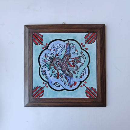 Phoenix Desenli El Yapımı Çini Tablo Sarıçam Ahşap Çerçeveli 27x27 cm