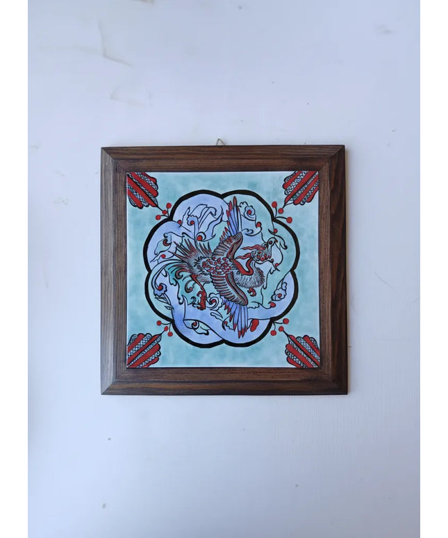 Phoenix Desenli El Yapımı Çini Tablo Sarıçam Ahşap Çerçeveli 27x27 cm