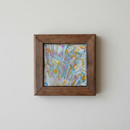 Ahşap Çerçeveli Ebru Desenli Çini Tablo 10x10 cm Boyutunda