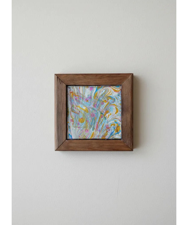 Ahşap Çerçeveli Ebru Desenli Çini Tablo 10x10 cm Boyutunda