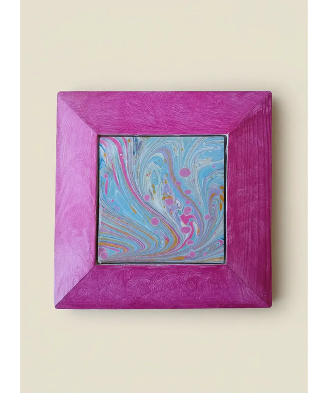Pembe Çerçeveli Ebru Sanatı Çini Tablo 10x10cm Kare Duvar Dekoru