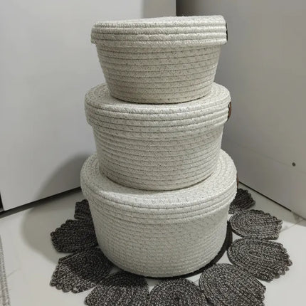 Beyaz Pamuk İpten 3'lü Matruşka Organizer Sepet Seti El Yapımı