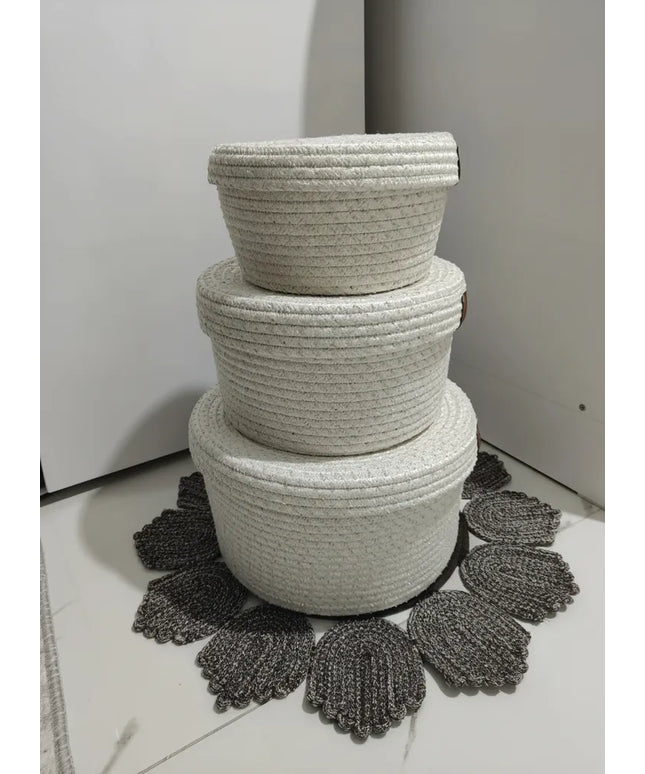 Beyaz Pamuk İpten 3'lü Matruşka Organizer Sepet Seti El Yapımı