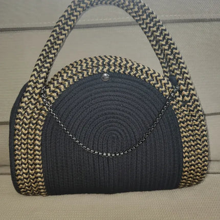 Siyah Hasır Görünümlü Yarım Ay Formlu Omuz ve El Çantası